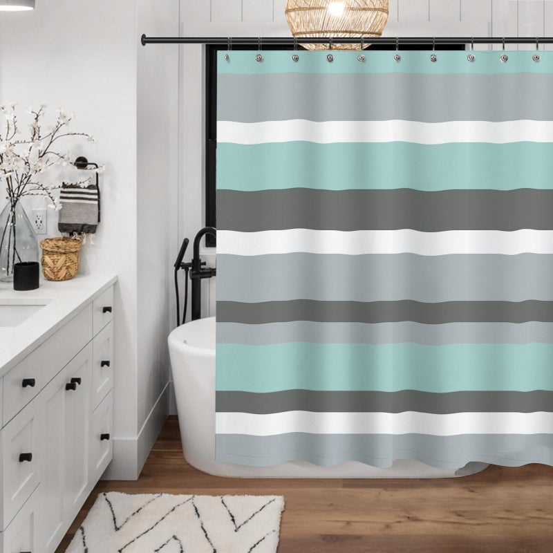 Sunlit Aqua Blue Gray Horizontal Stripes Water-Repellent Fabric Shower Curtain with Reinforced Metal Grommets Refreshing Striped Design Bathroom Decor - Image 3